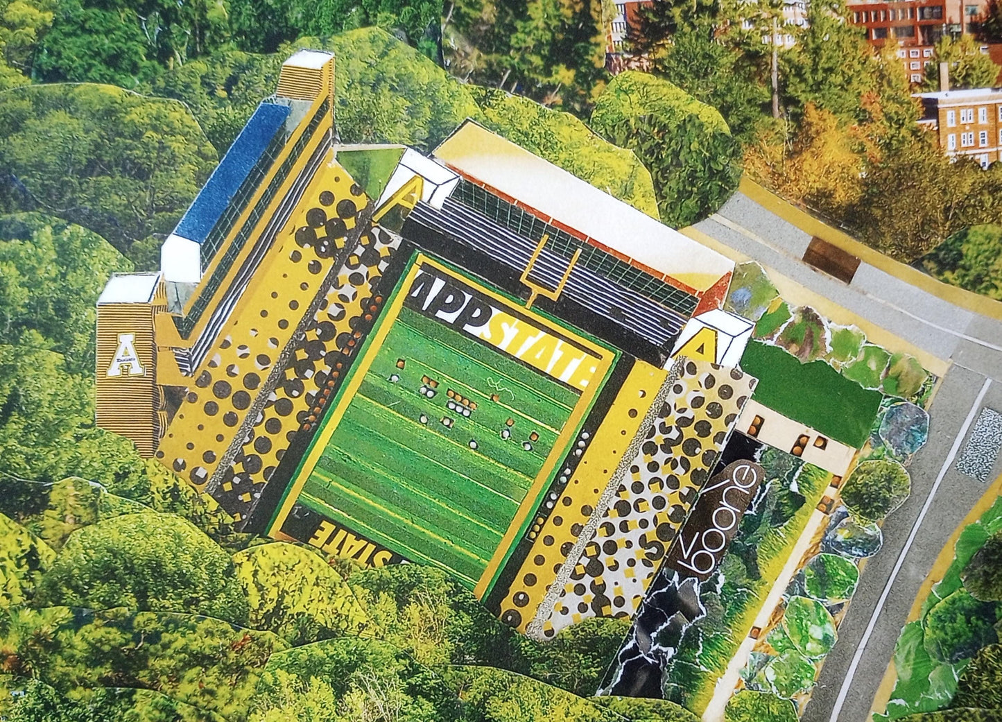 App State football field, Kidd Brewer Stadium, Boone NC, Appalachian State University, mountaineers, mountain life, collage art