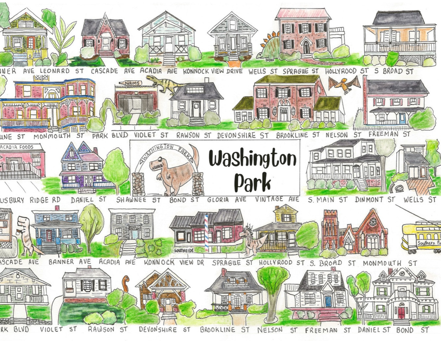 Washington Park neighborhood print, Winston Salem art, Winston Salem print, Winston Salem art, the streets of Winston Salem