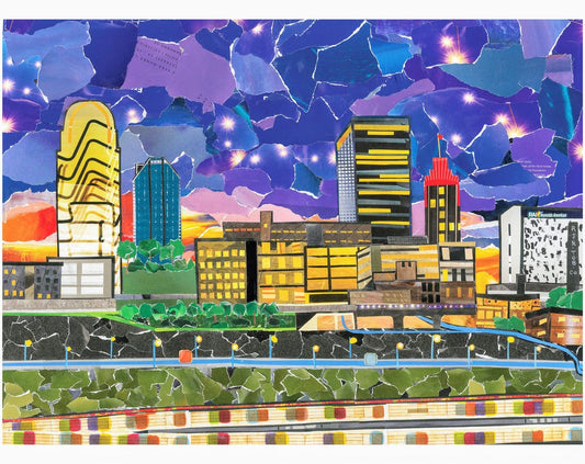 Skyscape of Winston Salem, Downtown Winston Salem Art, Bailey Park Print, purple sky collage,