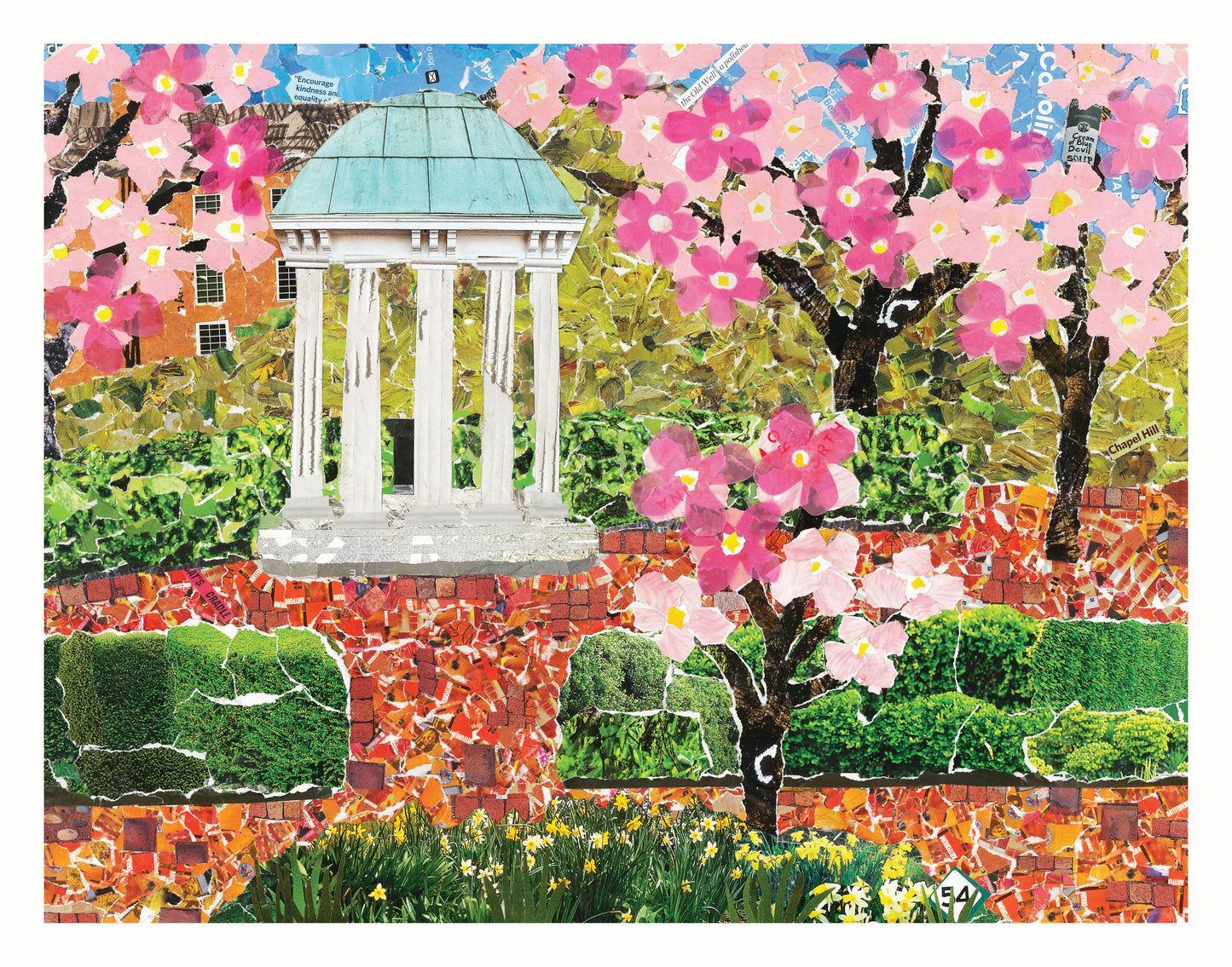 Springtime at the Old Well, Chapel Hill, Old Well, UNC-Chapel Hill, Tarheel gift, UNC-CH gift item, collage print, Carolina print, unc art