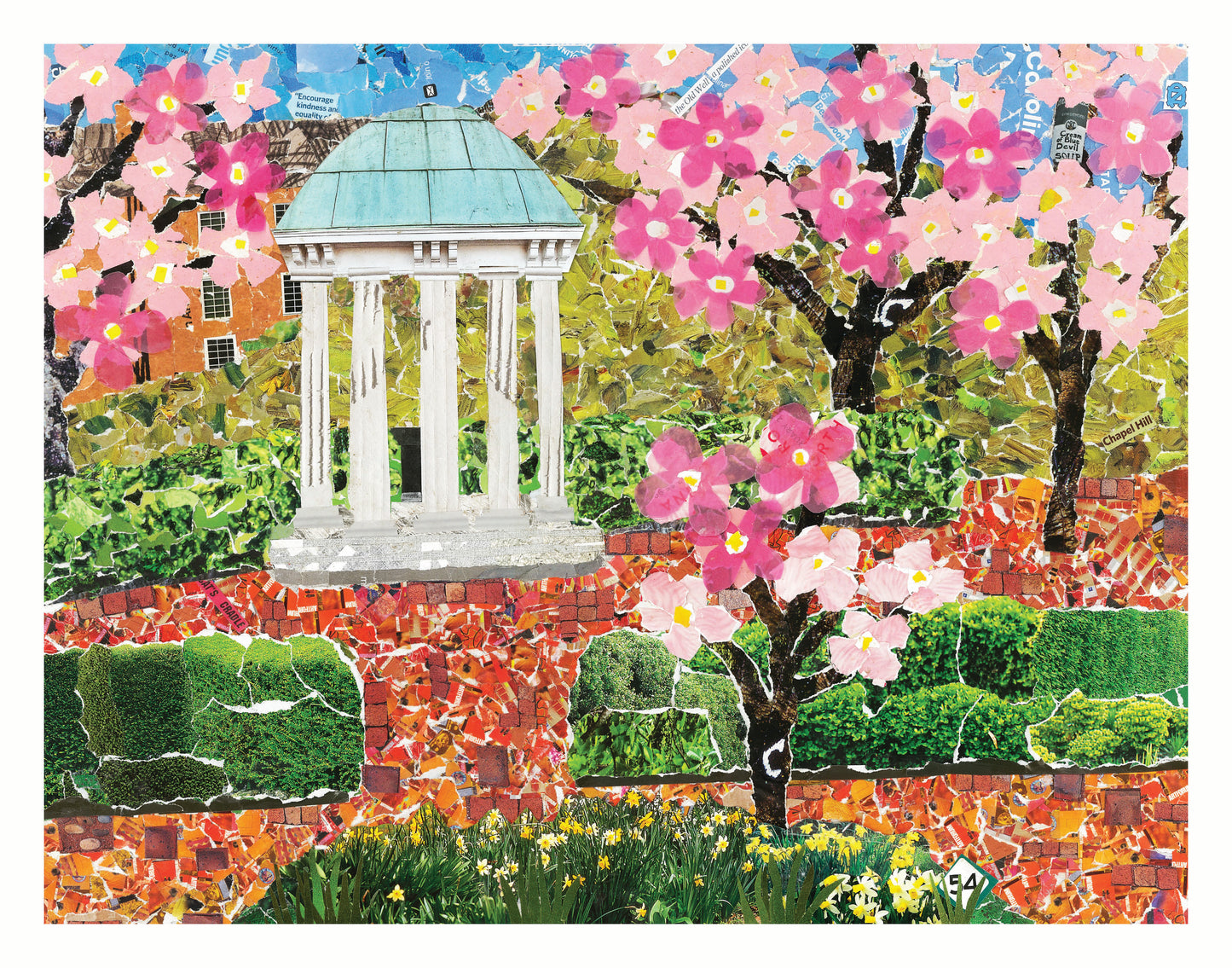 Springtime at the Old Well, Chapel Hill, Old Well, UNC-Chapel Hill, Tarheel gift, UNC-CH gift item, collage print, Carolina print, unc art