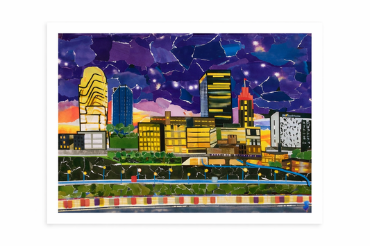 Skyscape of Winston Salem, Downtown Winston Salem Art, Bailey Park Print, purple sky collage,
