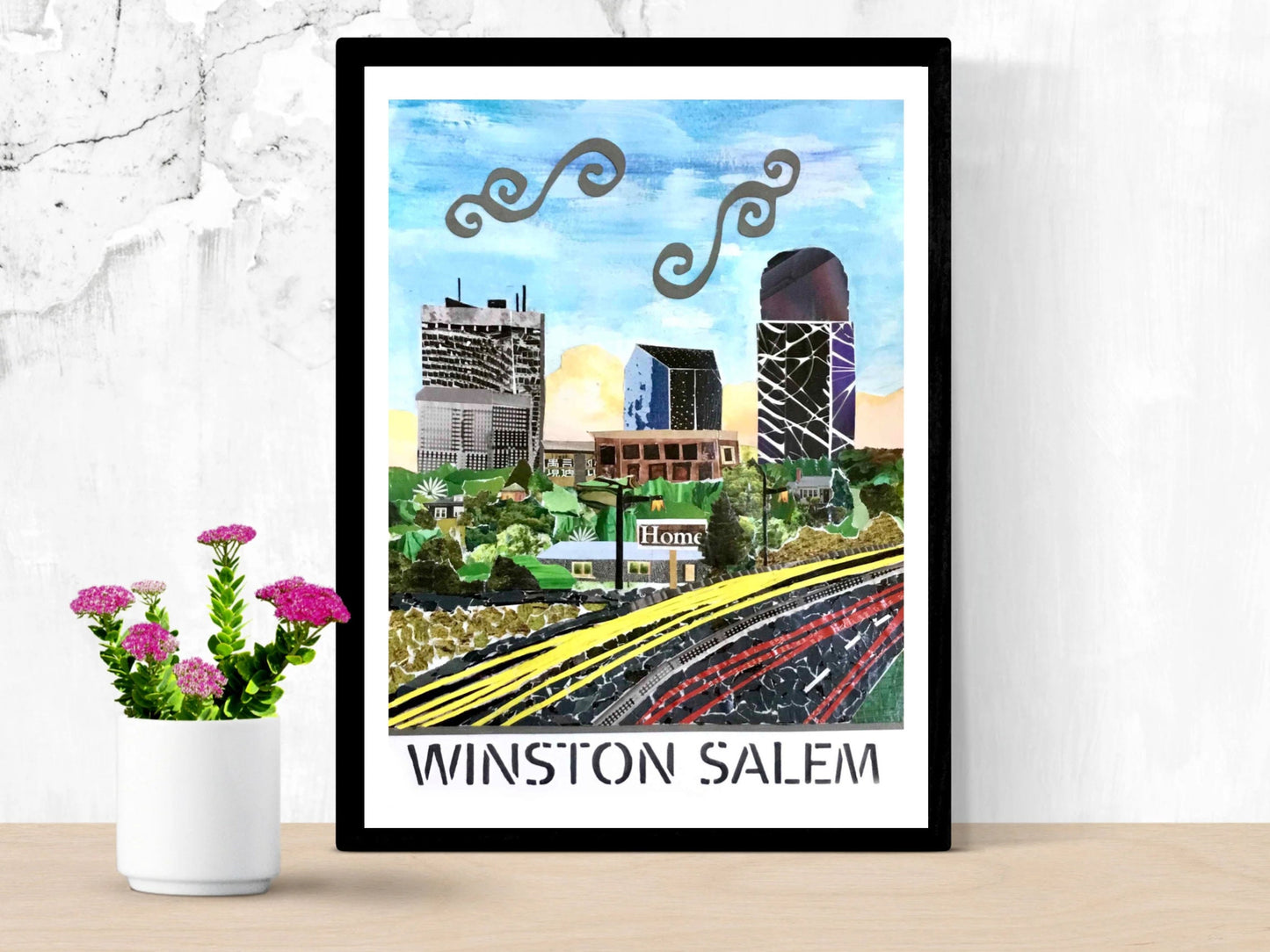 Winston Salem Art, Winston Salem print, Winston Salem skyline, WS local art, unique Winston Salem art, collage of Winston Salem downtown