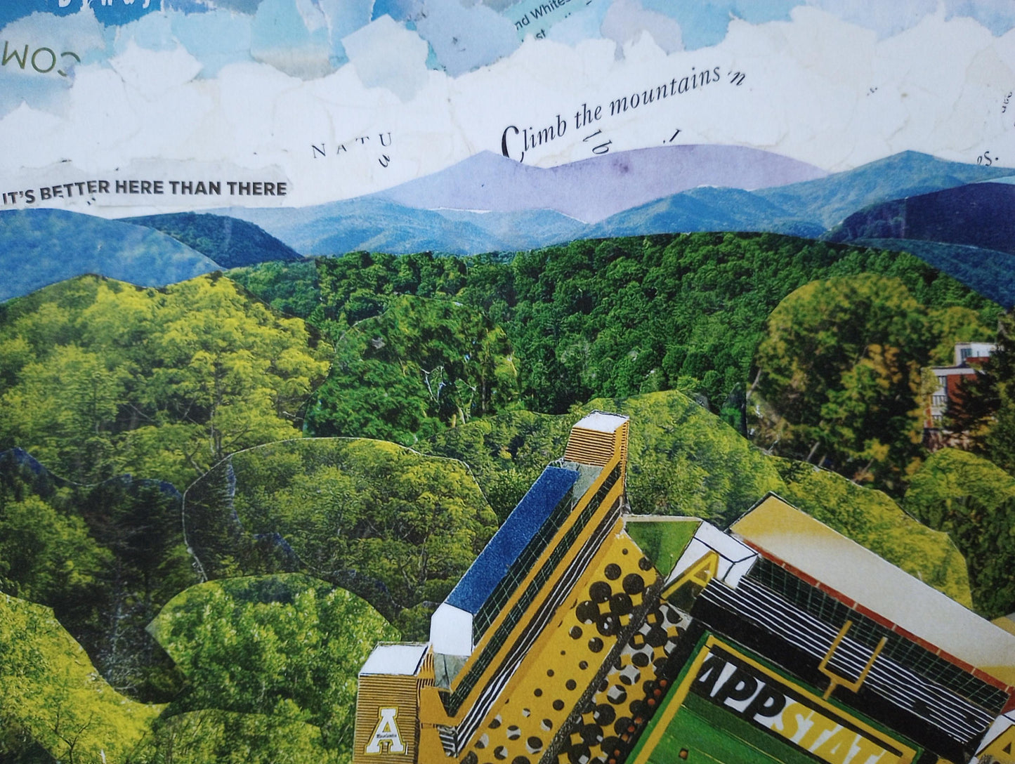 App State football field, Kidd Brewer Stadium, Boone NC, Appalachian State University, mountaineers, mountain life, collage art