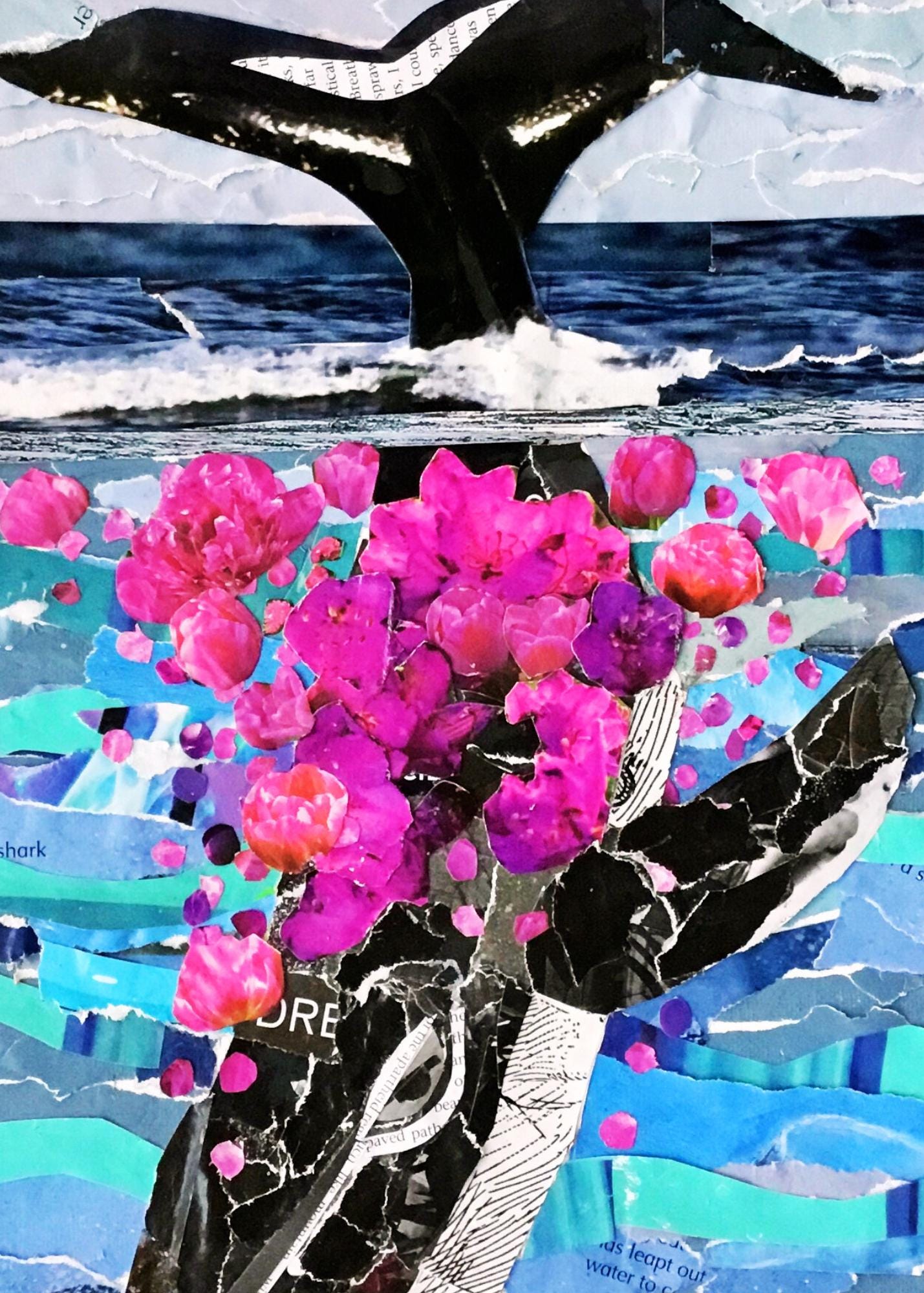 Whimsical Whale Collage, ocean lover gift, sea life collage, ocean decor, whale art, diving whale art, fanciful whale collage, vivid sea art
