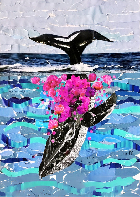 Whimsical Whale Collage, ocean lover gift, sea life collage, ocean decor, whale art, diving whale art, fanciful whale collage, vivid sea art