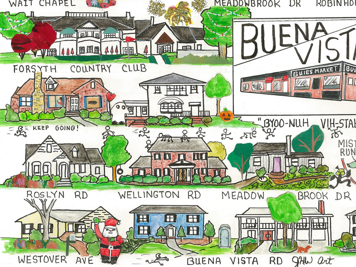 Buena Vista neighborhood print, whimsical Winston Salem neighborhood, Winston Salem art,