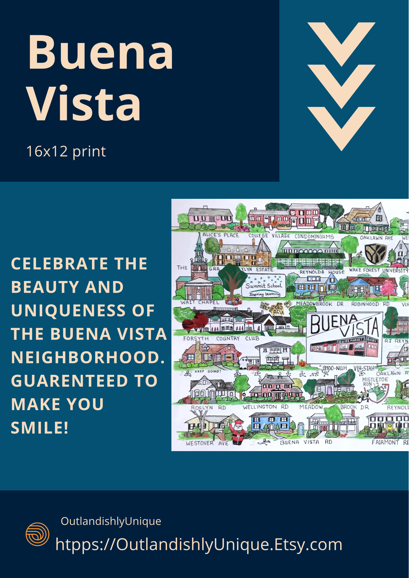 Buena Vista neighborhood print, whimsical Winston Salem neighborhood, Winston Salem art,