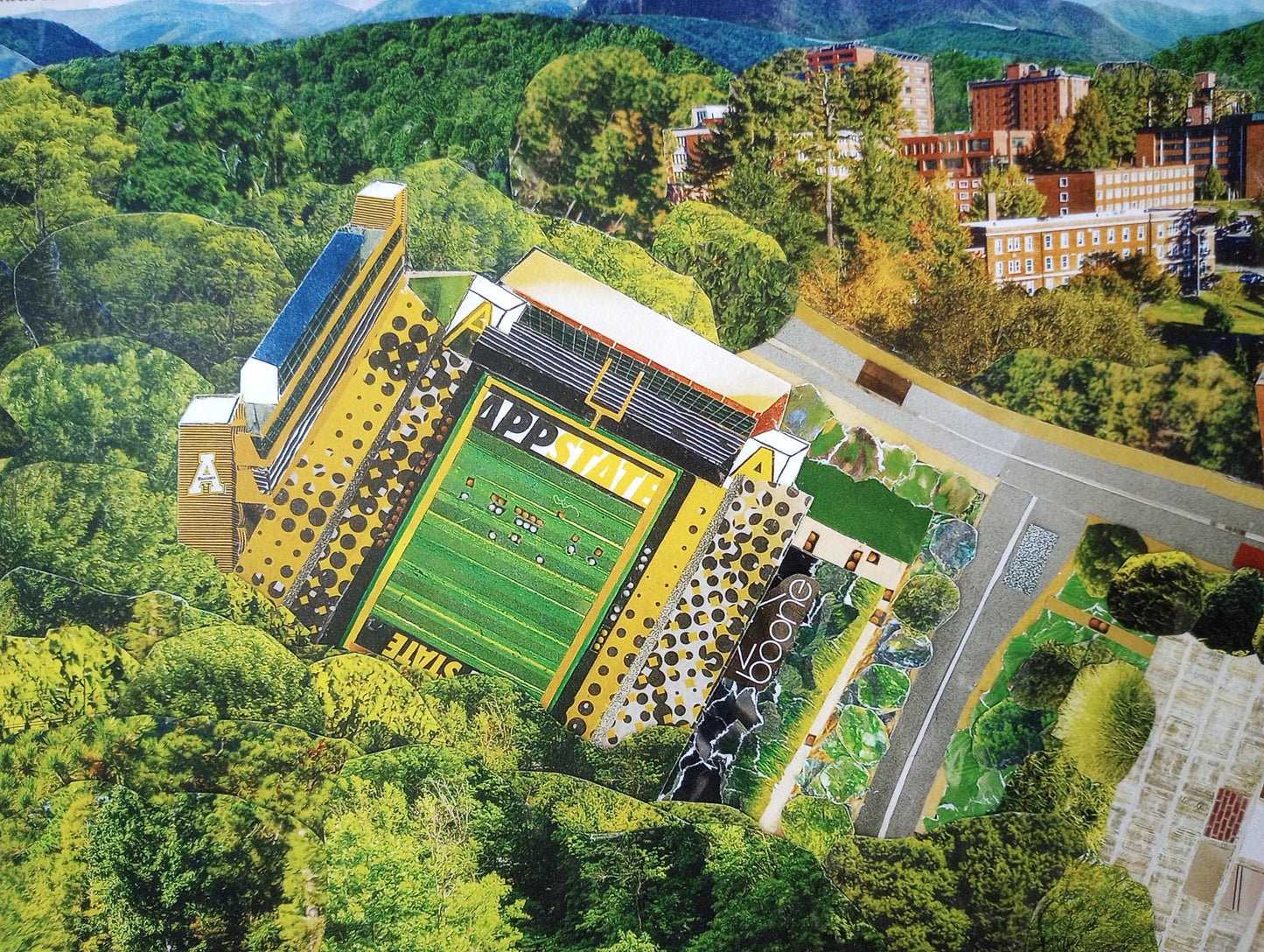 App State football field, Kidd Brewer Stadium, Boone NC, Appalachian State University, mountaineers, mountain life, collage art
