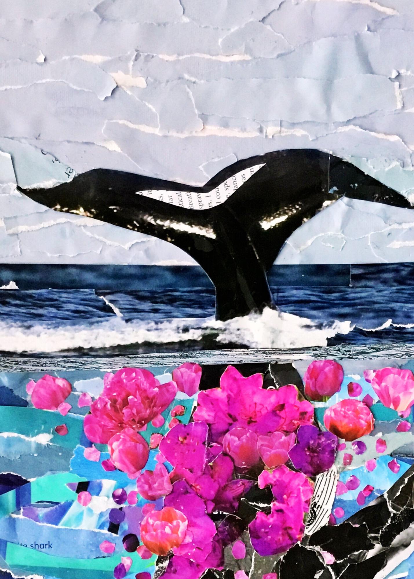 Whimsical Whale Collage, ocean lover gift, sea life collage, ocean decor, whale art, diving whale art, fanciful whale collage, vivid sea art