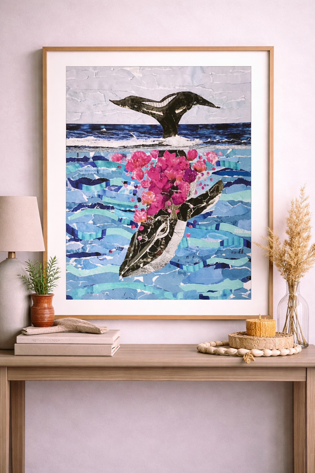 Whimsical Whale Collage, ocean lover gift, sea life collage, ocean decor, whale art, diving whale art, fanciful whale collage, vivid sea art