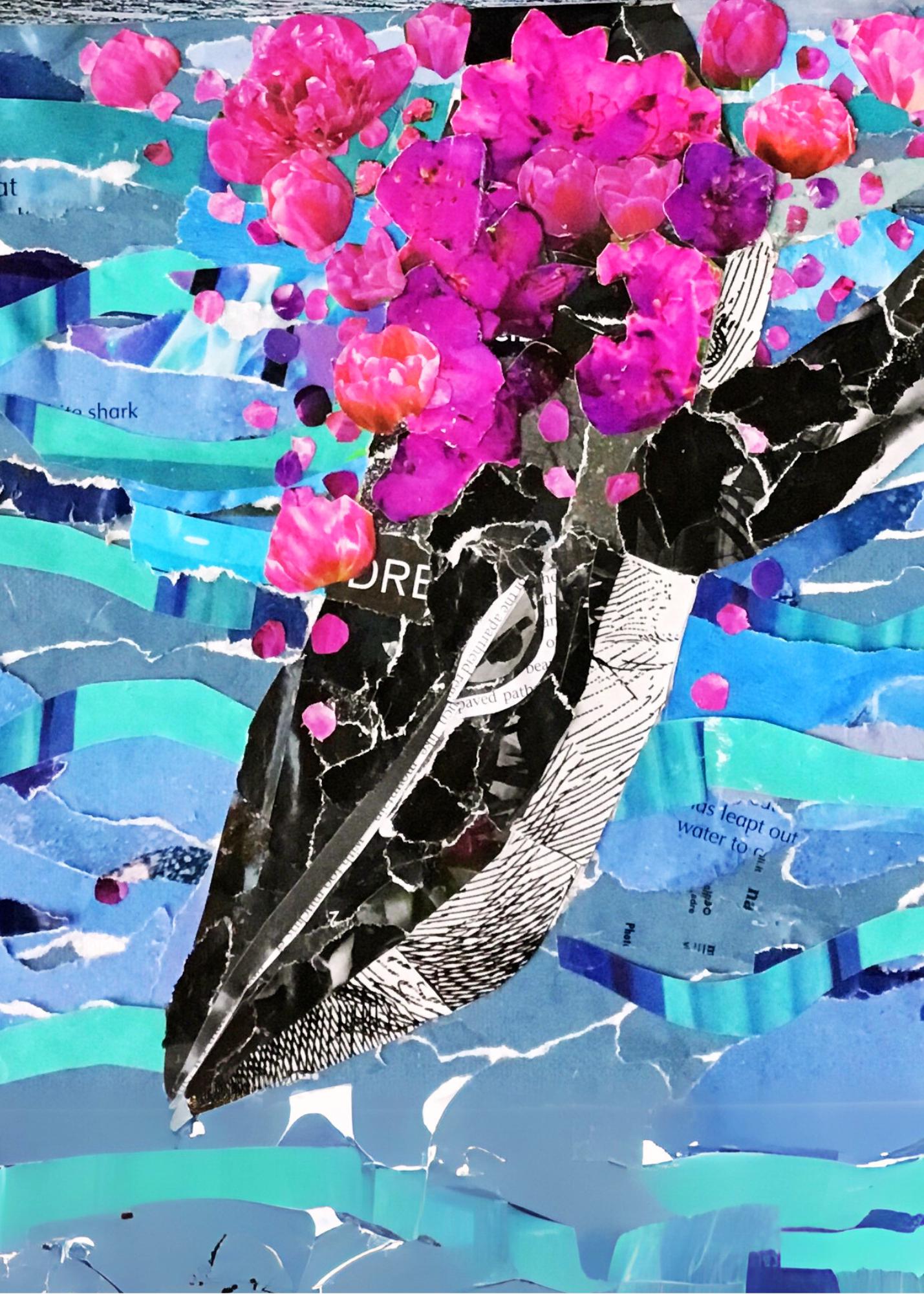 Whimsical Whale Collage, ocean lover gift, sea life collage, ocean decor, whale art, diving whale art, fanciful whale collage, vivid sea art
