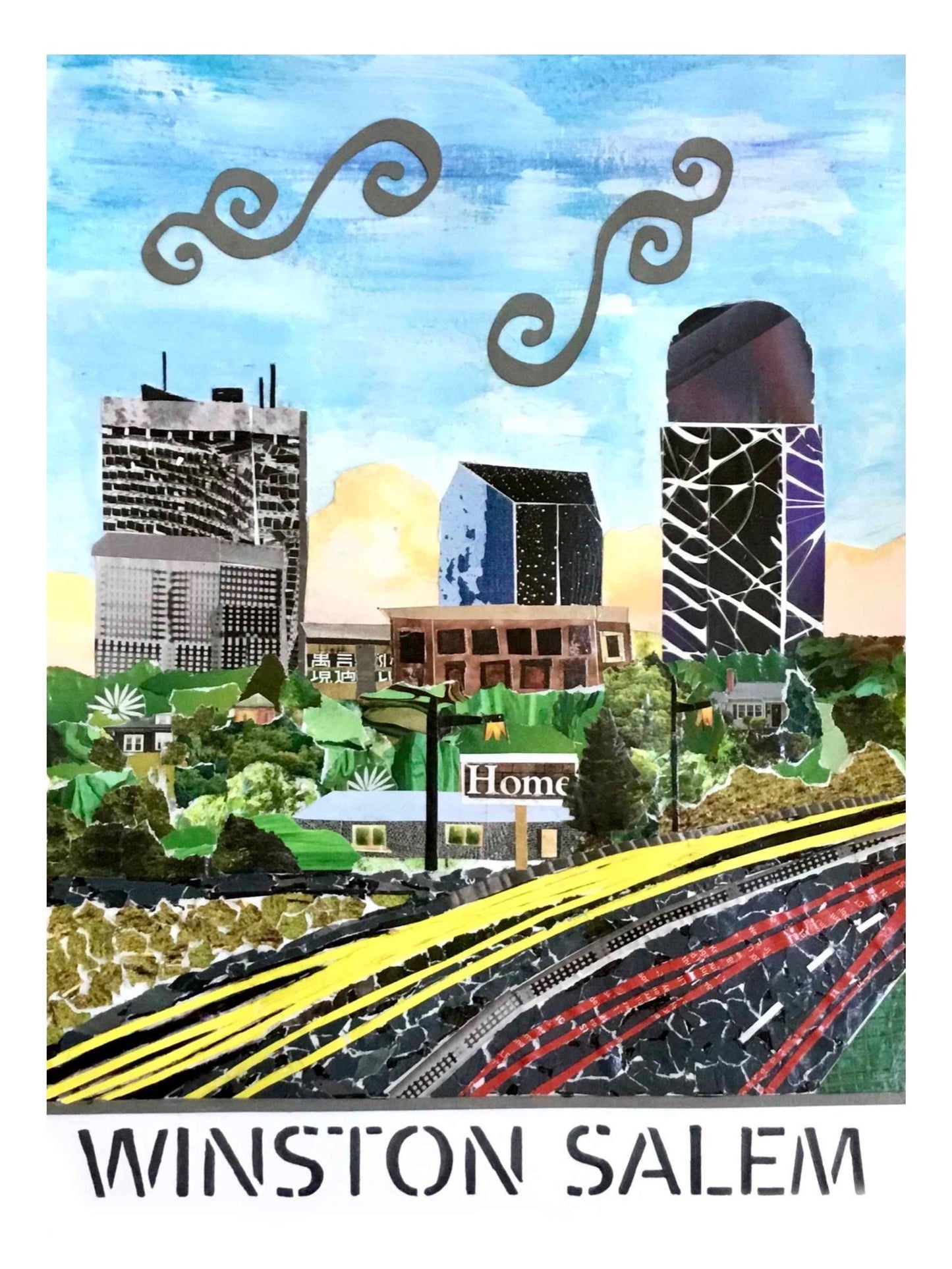 Winston Salem Art, Winston Salem print, Winston Salem skyline, WS local art, unique Winston Salem art, collage of Winston Salem downtown