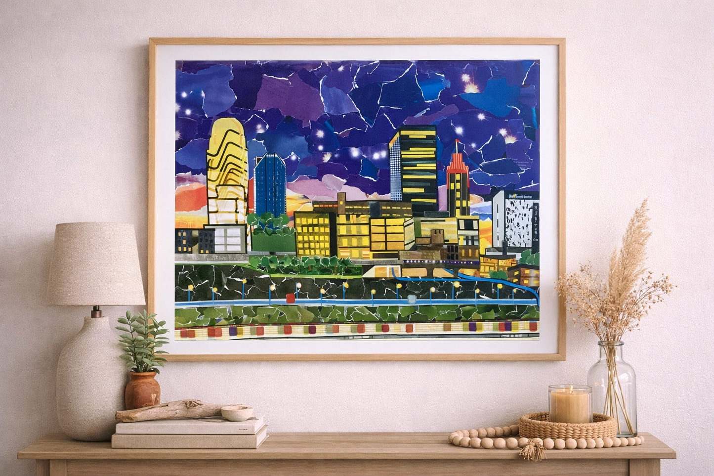 Skyscape of Winston Salem, Downtown Winston Salem Art, Bailey Park Print, purple sky collage,