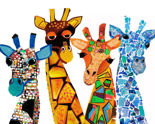 The Four Giraffateers, collage giraffes, colorful giraffes, the diversity of giraffes, giraffe art, torn paper giraffe print, unique giraffe