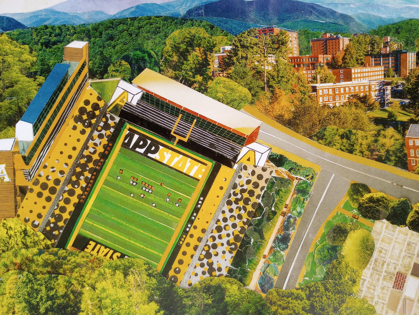 App State football field, Kidd Brewer Stadium, Boone NC, Appalachian State University, mountaineers, mountain life, collage art