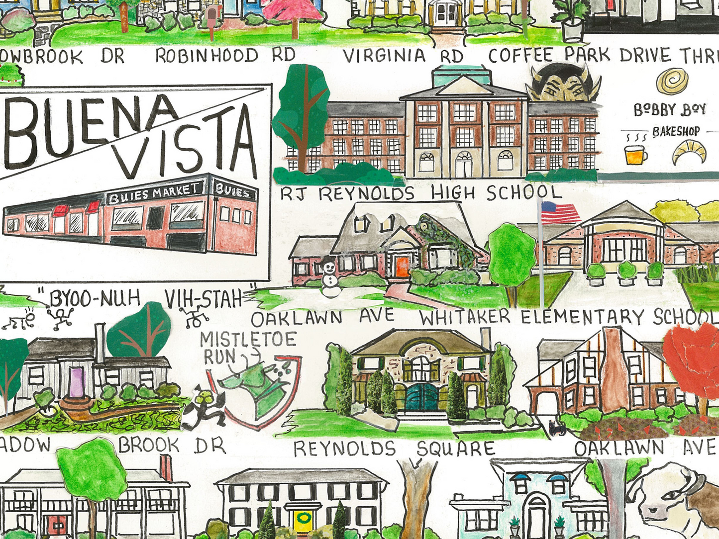 Buena Vista neighborhood print, whimsical Winston Salem neighborhood, Winston Salem art,