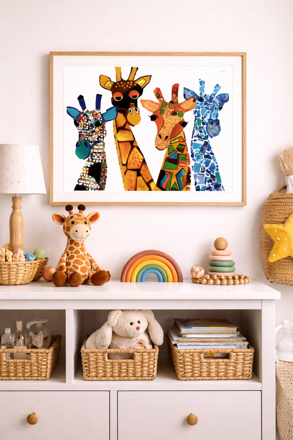 The Four Giraffateers, collage giraffes, colorful giraffes, the diversity of giraffes, giraffe art, torn paper giraffe print, unique giraffe