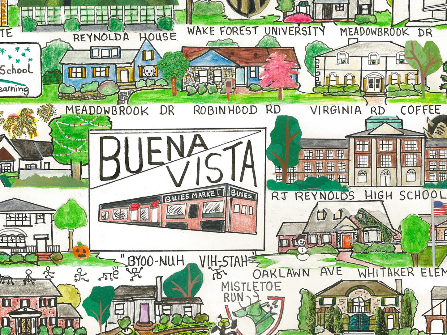 Buena Vista neighborhood print, whimsical Winston Salem neighborhood, Winston Salem art,
