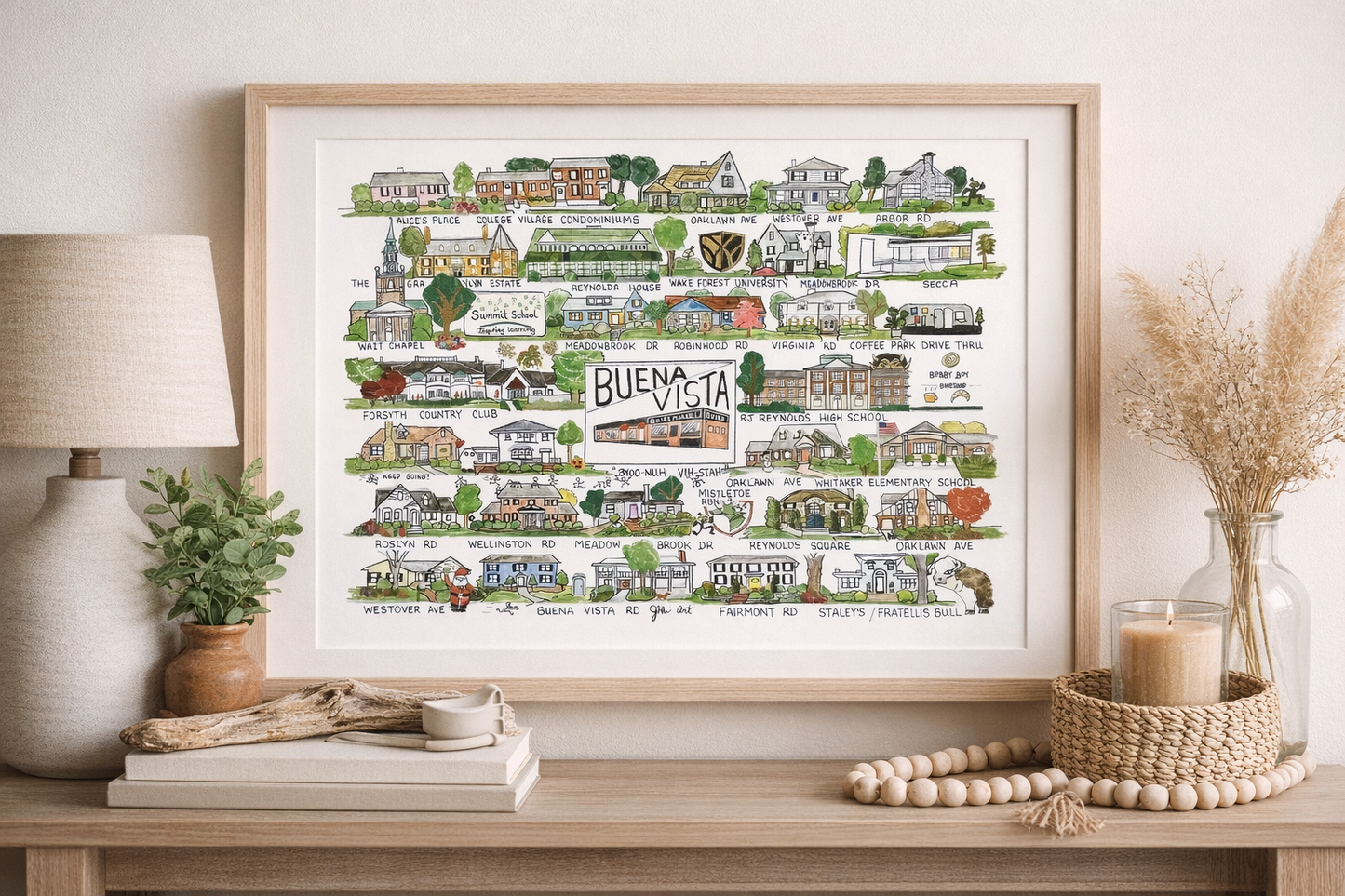 Buena Vista neighborhood print, whimsical Winston Salem neighborhood, Winston Salem art,