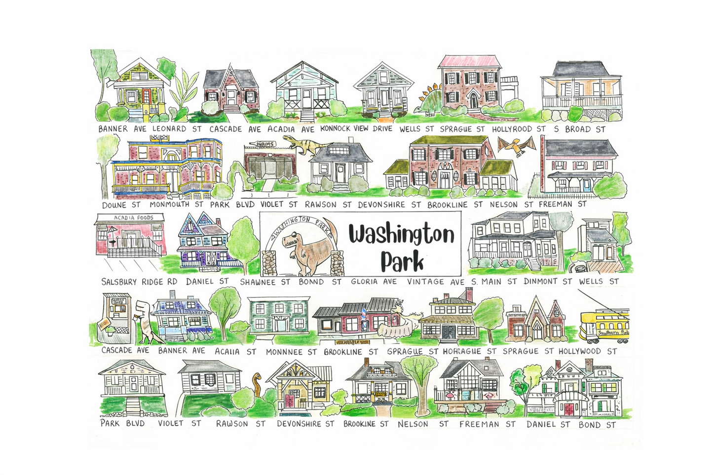 Washington Park neighborhood print, Winston Salem art, Winston Salem print, Winston Salem art, the streets of Winston Salem