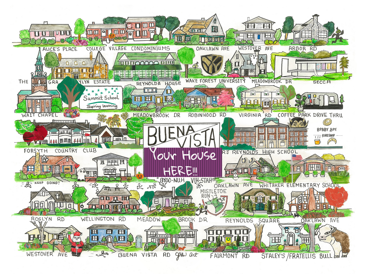Buena Vista neighborhood print, whimsical Winston Salem neighborhood, Winston Salem art,