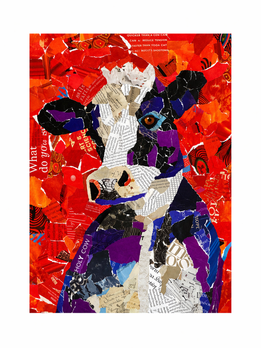Bob, the Cow-whimsical cow collage, farm animal art, fun cow print, purple cow