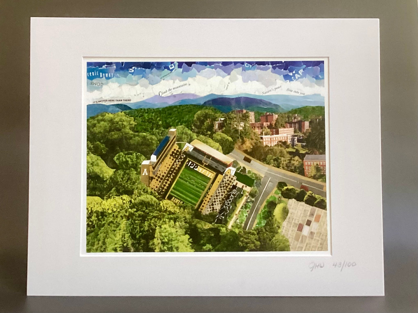 App State football field, Kidd Brewer Stadium, Boone NC, Appalachian State University, mountaineers, mountain life, collage art