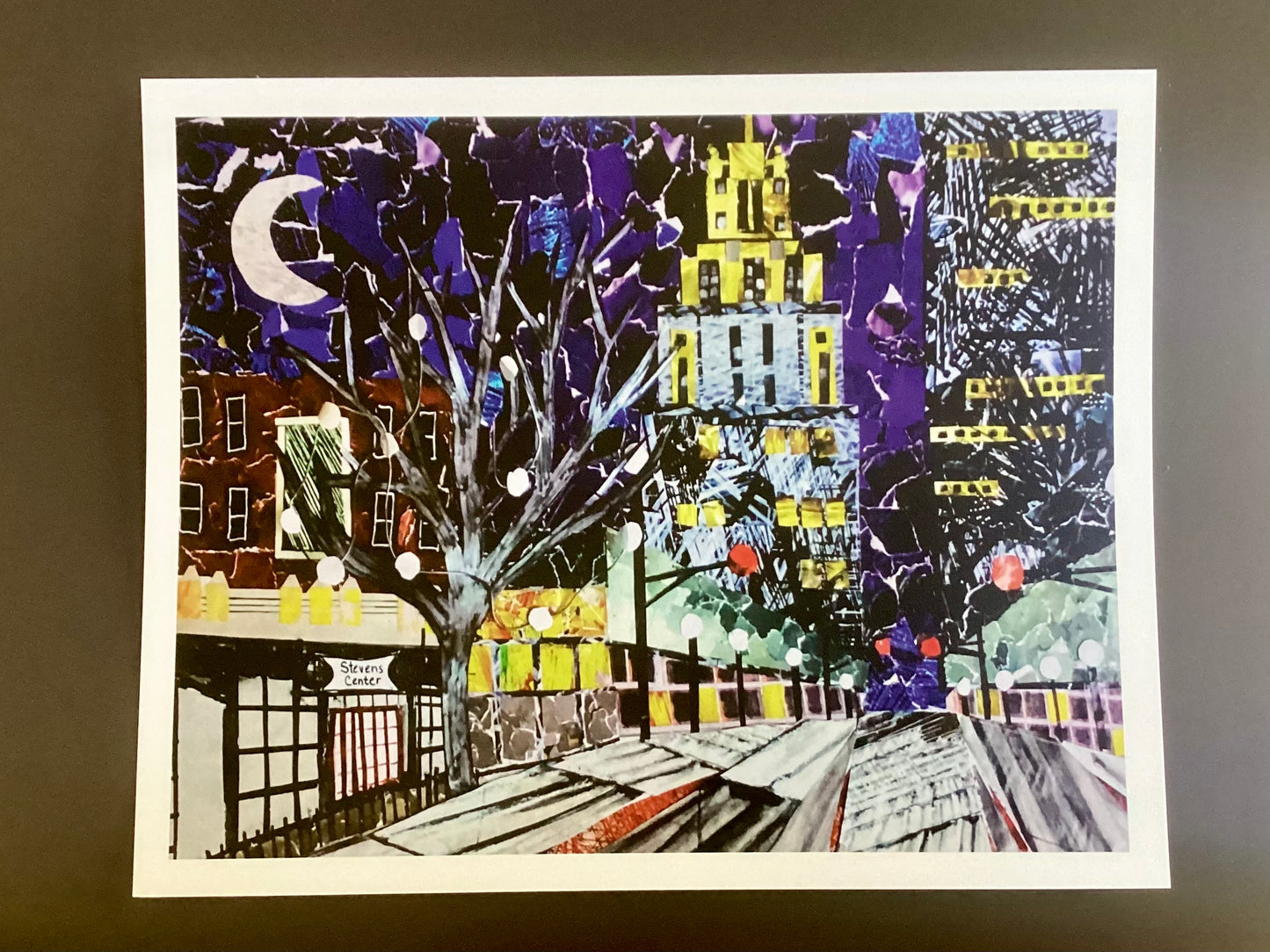 Downtown Winston Salem collage, prints  of original collage, repurposed magazines, Stevens Center, Reynolds Building, 4th street print