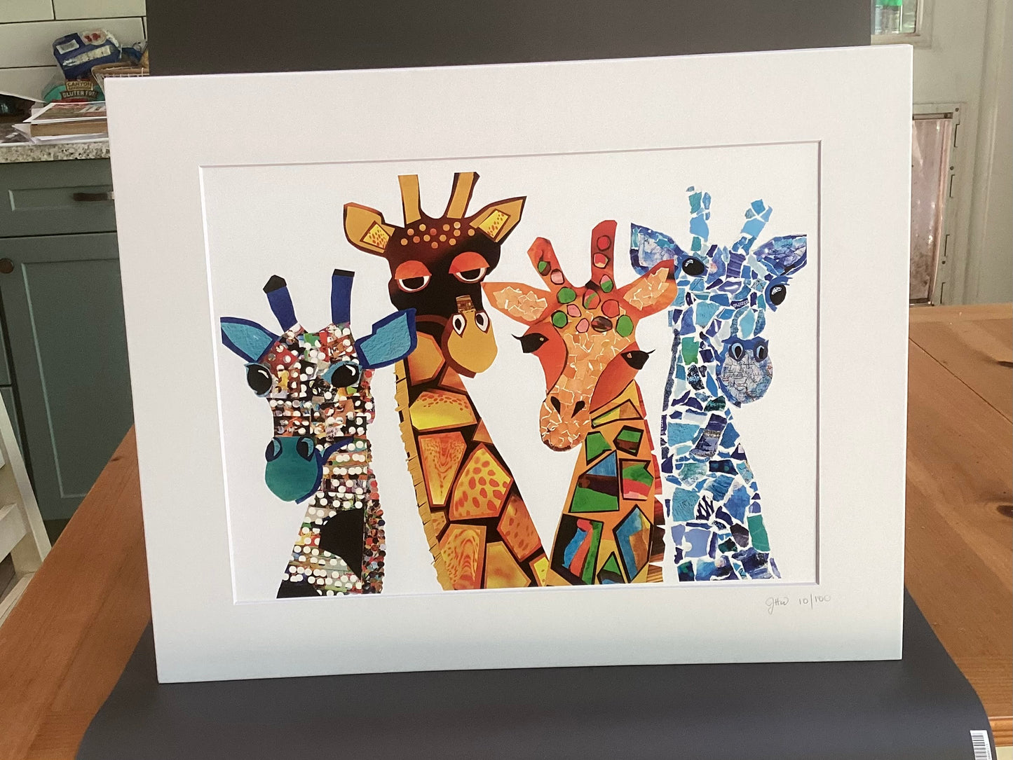 The Four Giraffateers, collage giraffes, colorful giraffes, the diversity of giraffes, giraffe art, torn paper giraffe print, unique giraffe