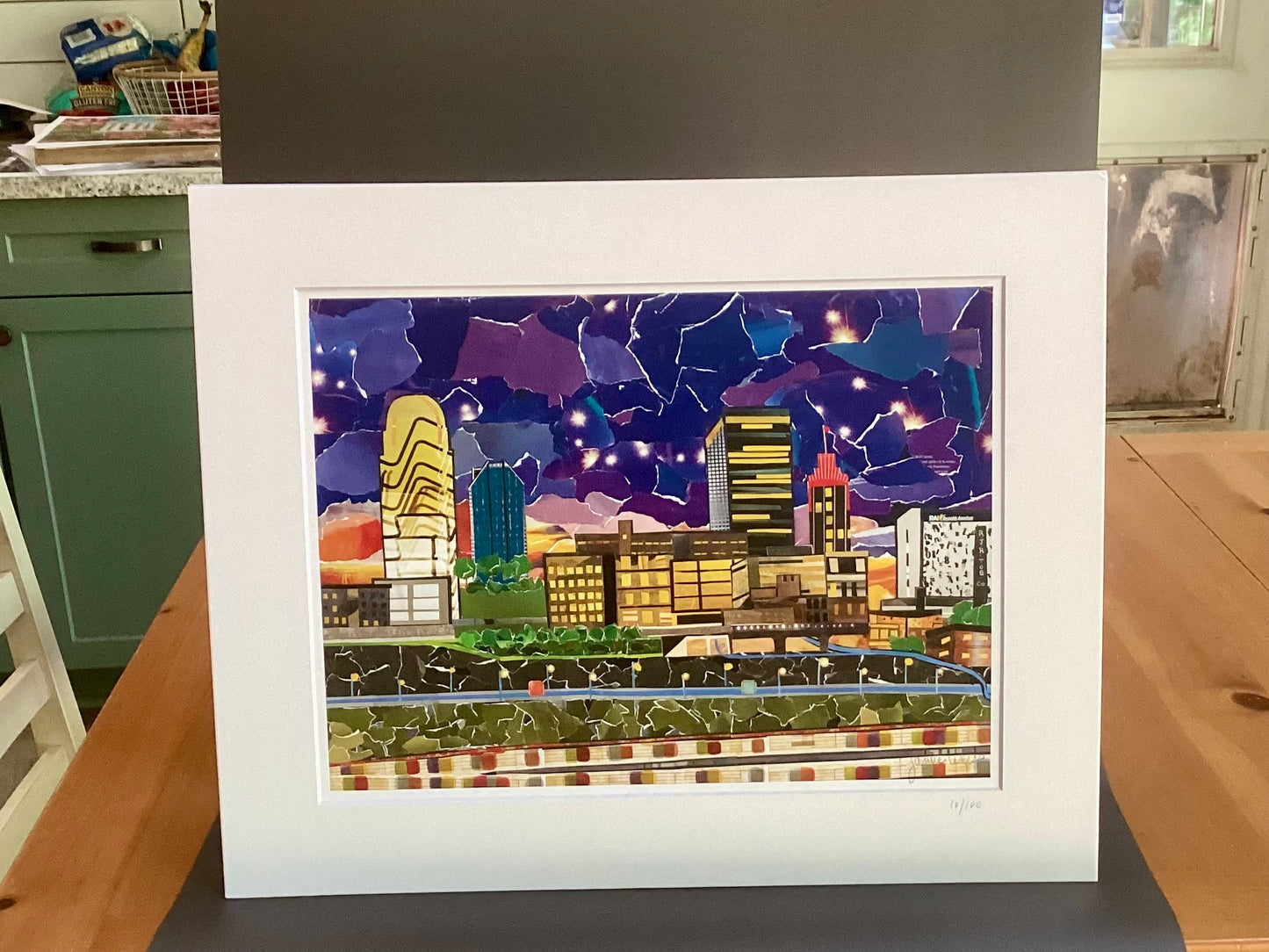Skyscape of Winston Salem, Downtown Winston Salem Art, Bailey Park Print, purple sky collage,