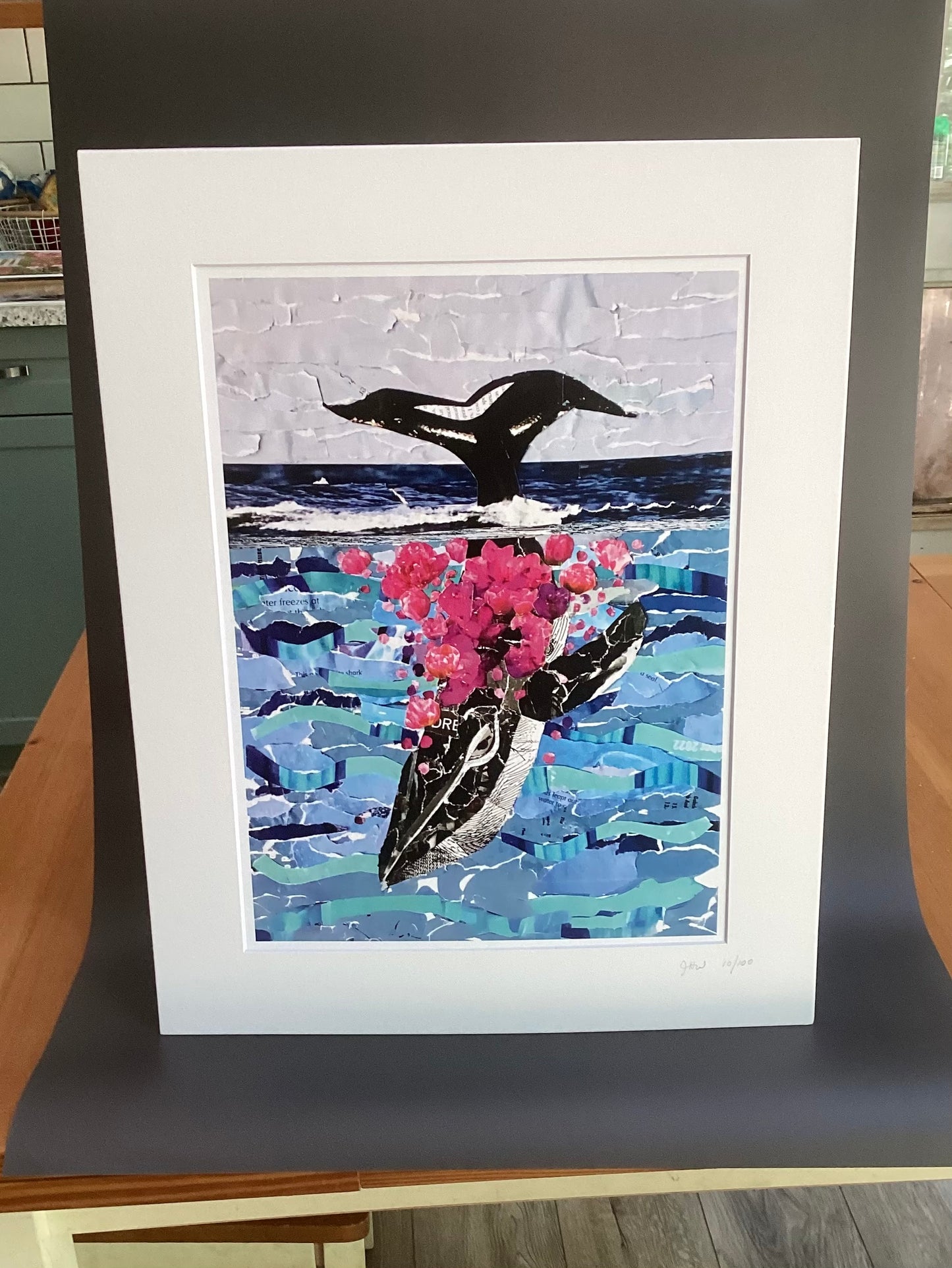 Whimsical Whale Collage, ocean lover gift, sea life collage, ocean decor, whale art, diving whale art, fanciful whale collage, vivid sea art