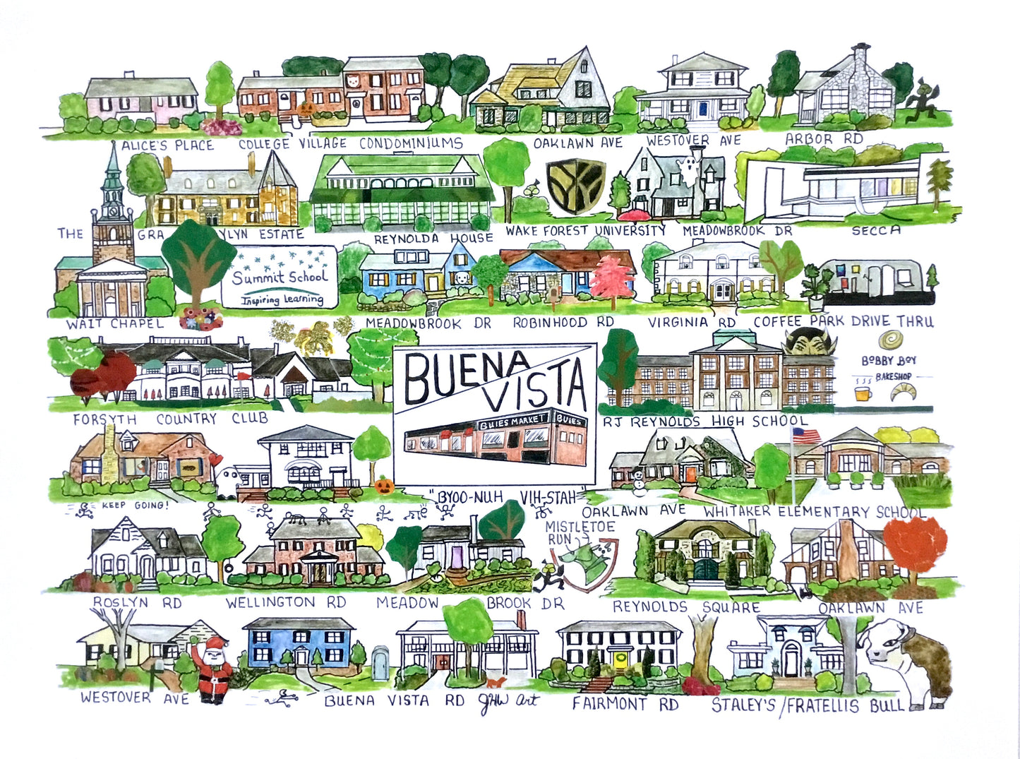 Buena Vista neighborhood print, whimsical Winston Salem neighborhood, Winston Salem art,