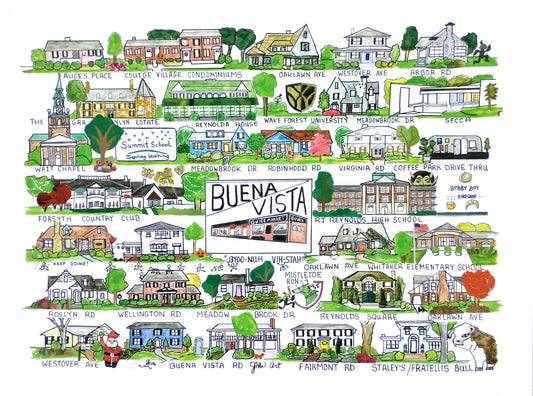 Buena Vista neighborhood print, whimsical Winston Salem neighborhood, Winston Salem art,