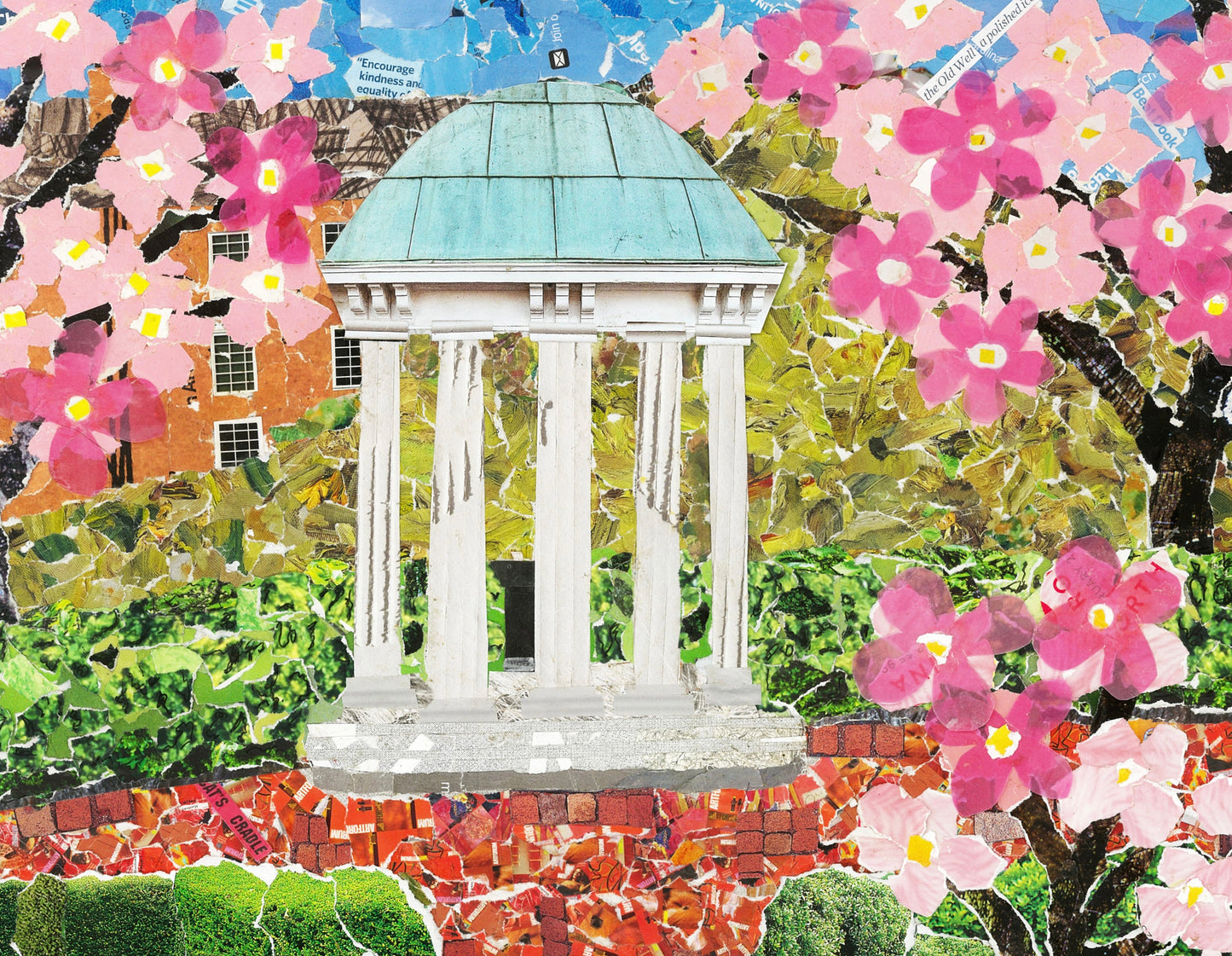 Springtime at the Old Well, Chapel Hill, Old Well, UNC-Chapel Hill, Tarheel gift, UNC-CH gift item, collage print, Carolina print, unc art