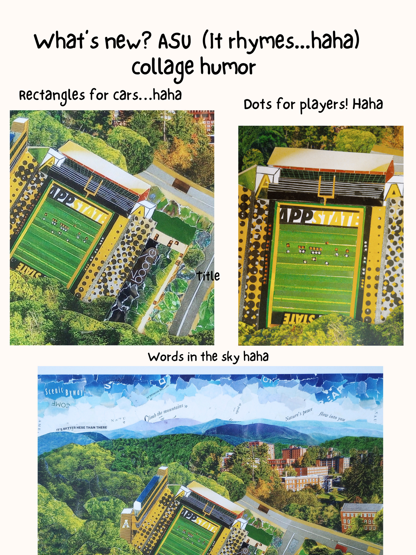 App State football field, Kidd Brewer Stadium, Boone NC, Appalachian State University, mountaineers, mountain life, collage art