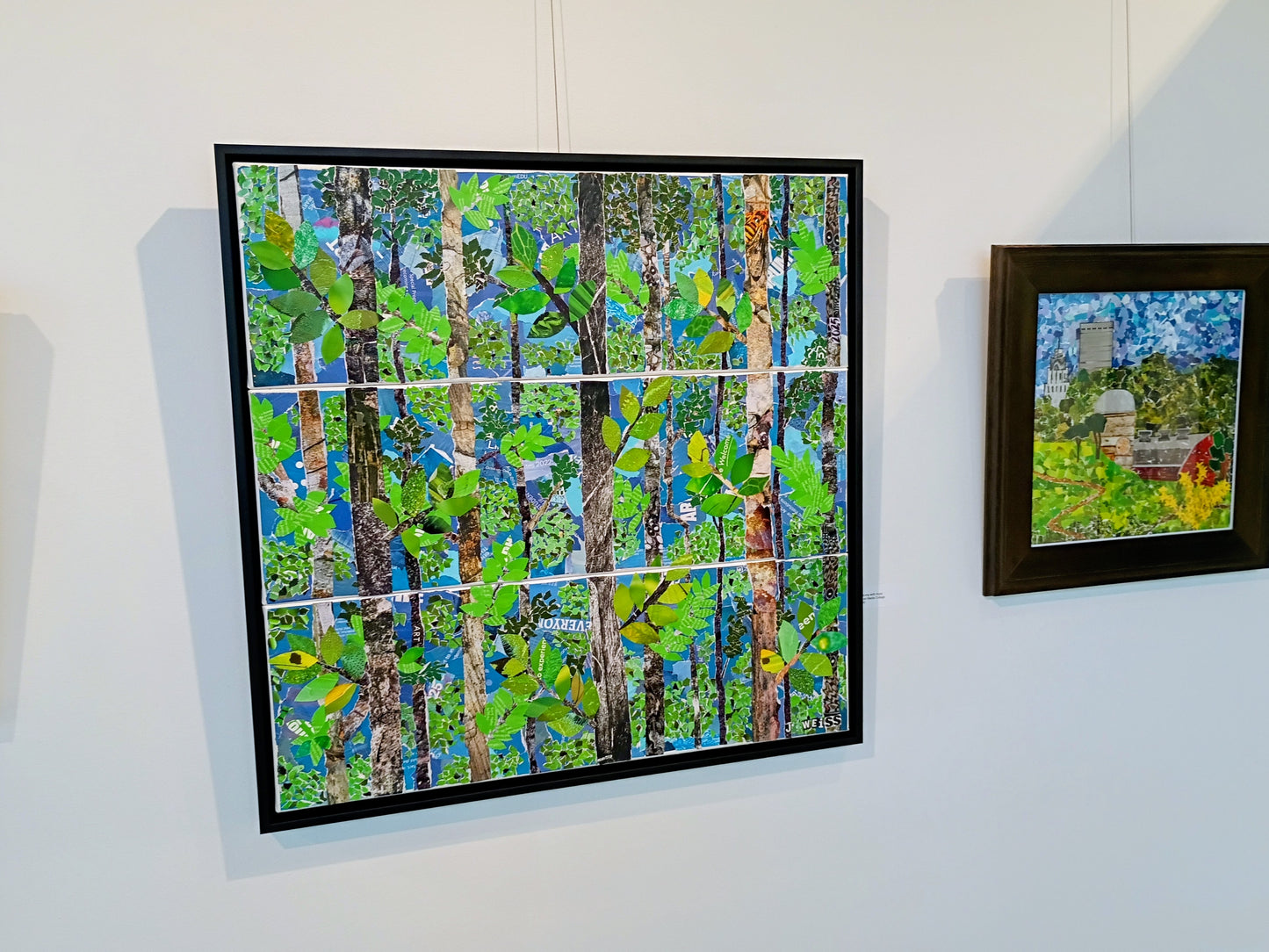 The original hanging in an art show. Note the 3 panels framed together. It's a view from a window looking out toward the woods. Sold with this black open frame. $500. Ask me questions. 