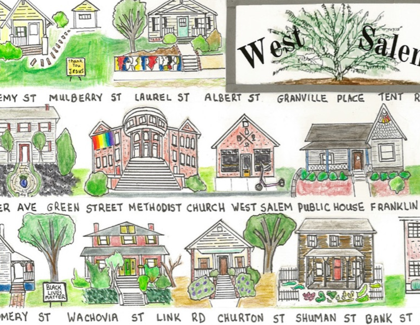 West Salem neighborhood print, Winston Salem art, streets and houses of Winston Salem, Whimsical street art