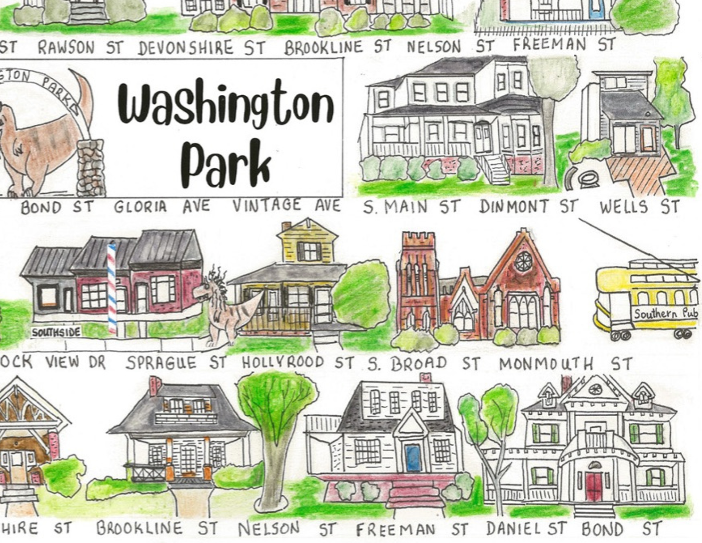 Washington Park neighborhood print, Winston Salem art, Winston Salem print, Winston Salem art, the streets of Winston Salem