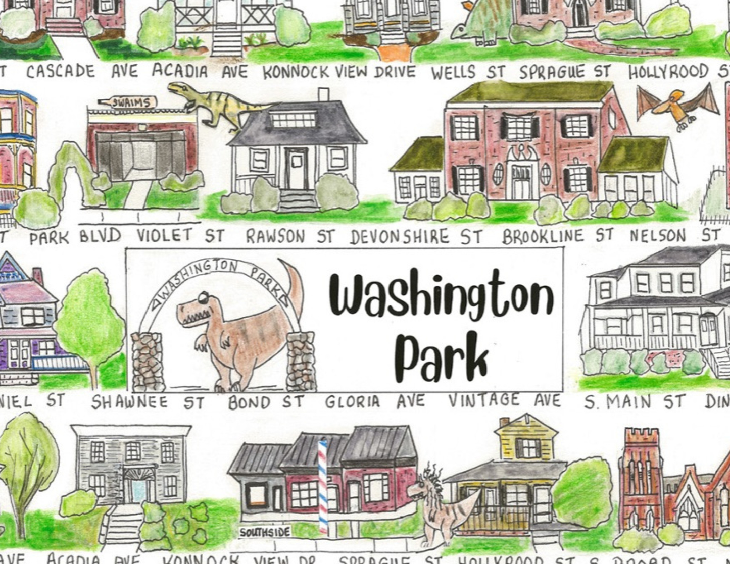 Washington Park neighborhood print, Winston Salem art, Winston Salem print, Winston Salem art, the streets of Winston Salem