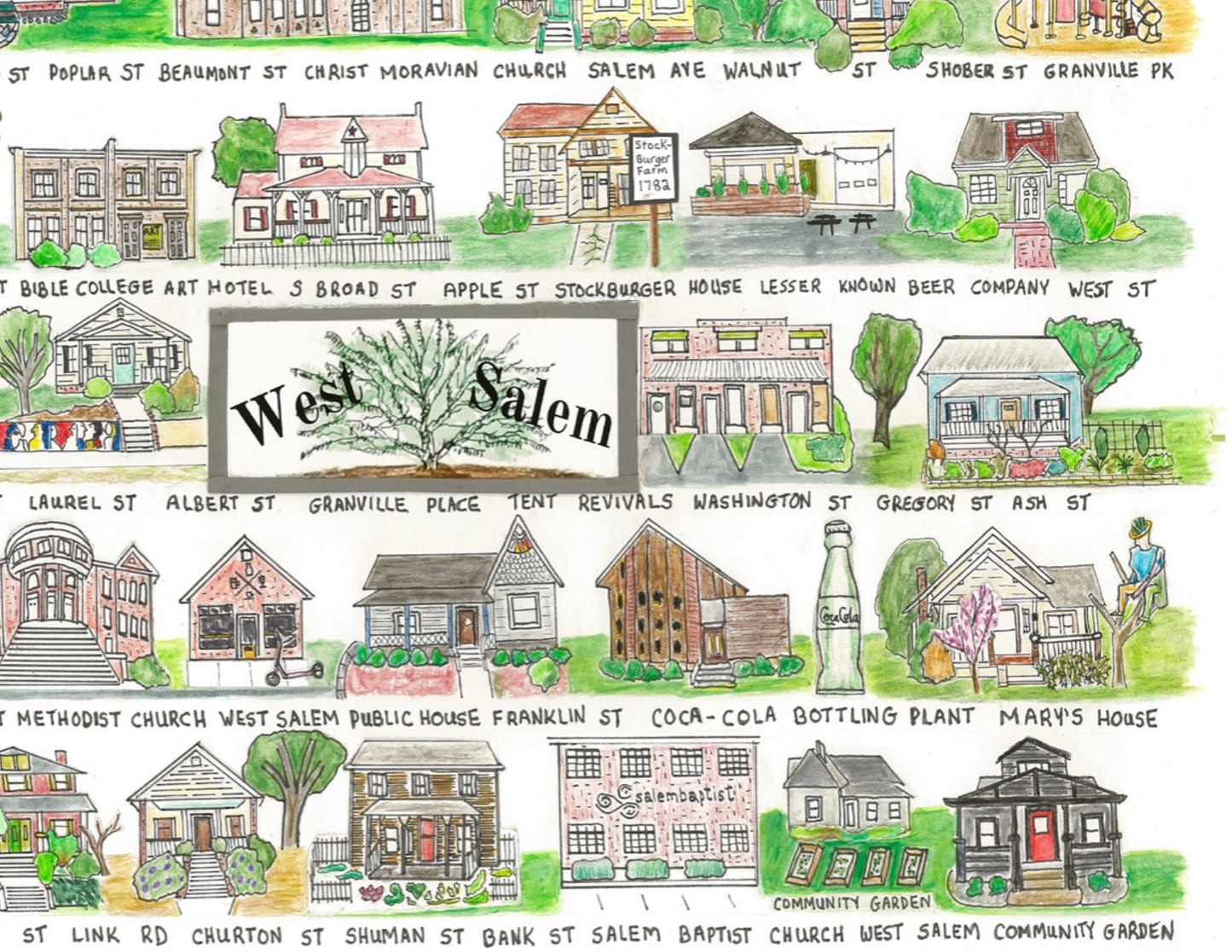 West Salem neighborhood print, Winston Salem art, streets and houses of Winston Salem, Whimsical street art