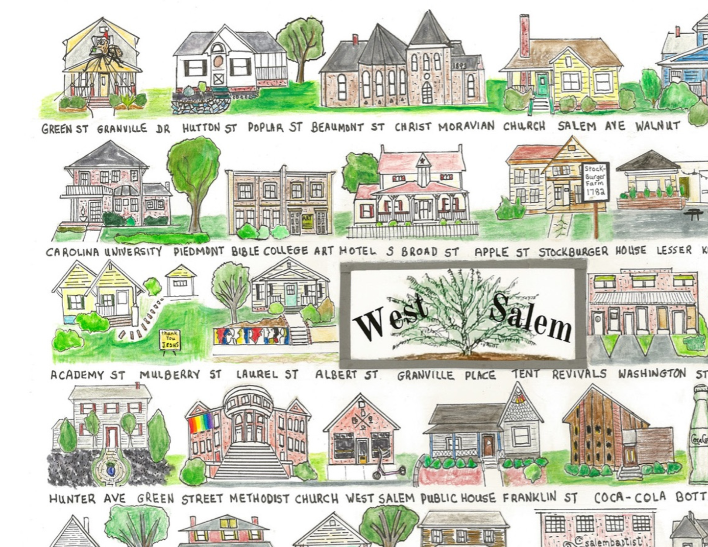 West Salem neighborhood print, Winston Salem art, streets and houses of Winston Salem, Whimsical street art