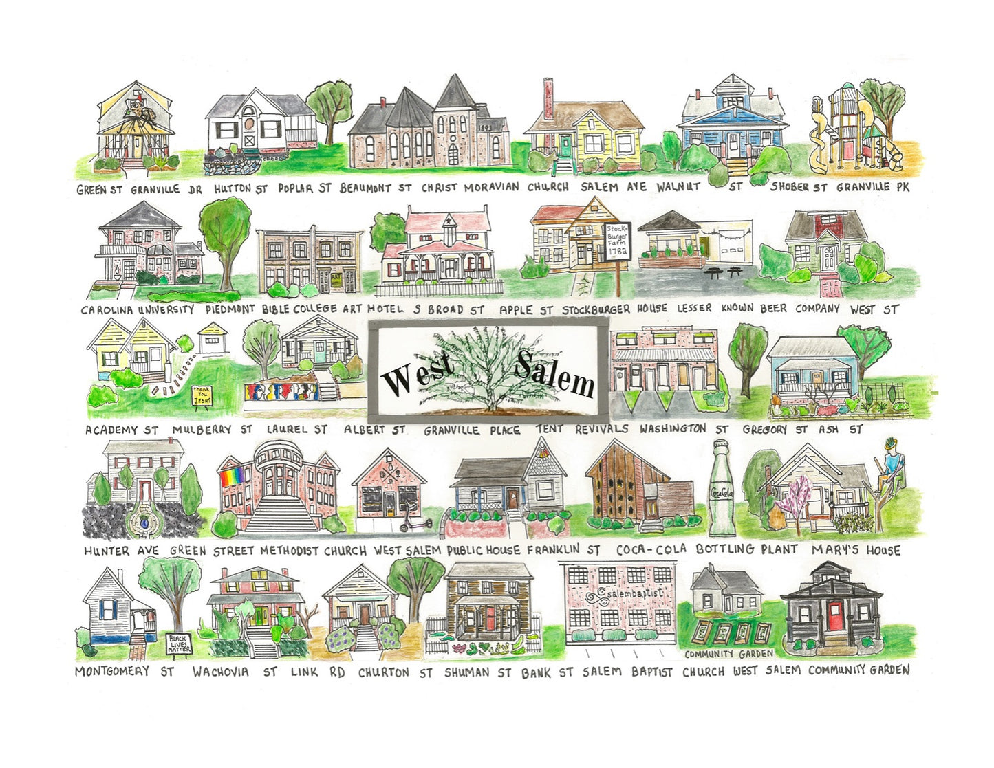 West Salem neighborhood print, Winston Salem art, streets and houses of Winston Salem, Whimsical street art