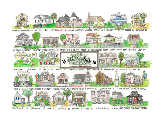 West Salem neighborhood print, Winston Salem art, streets and houses of Winston Salem, Whimsical street art