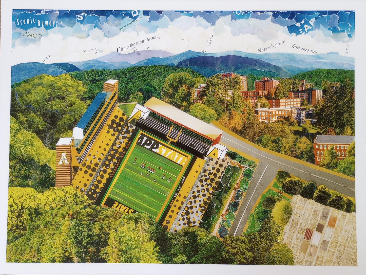 App State football field, Kidd Brewer Stadium, Boone NC, Appalachian State University, mountaineers, mountain life, collage art