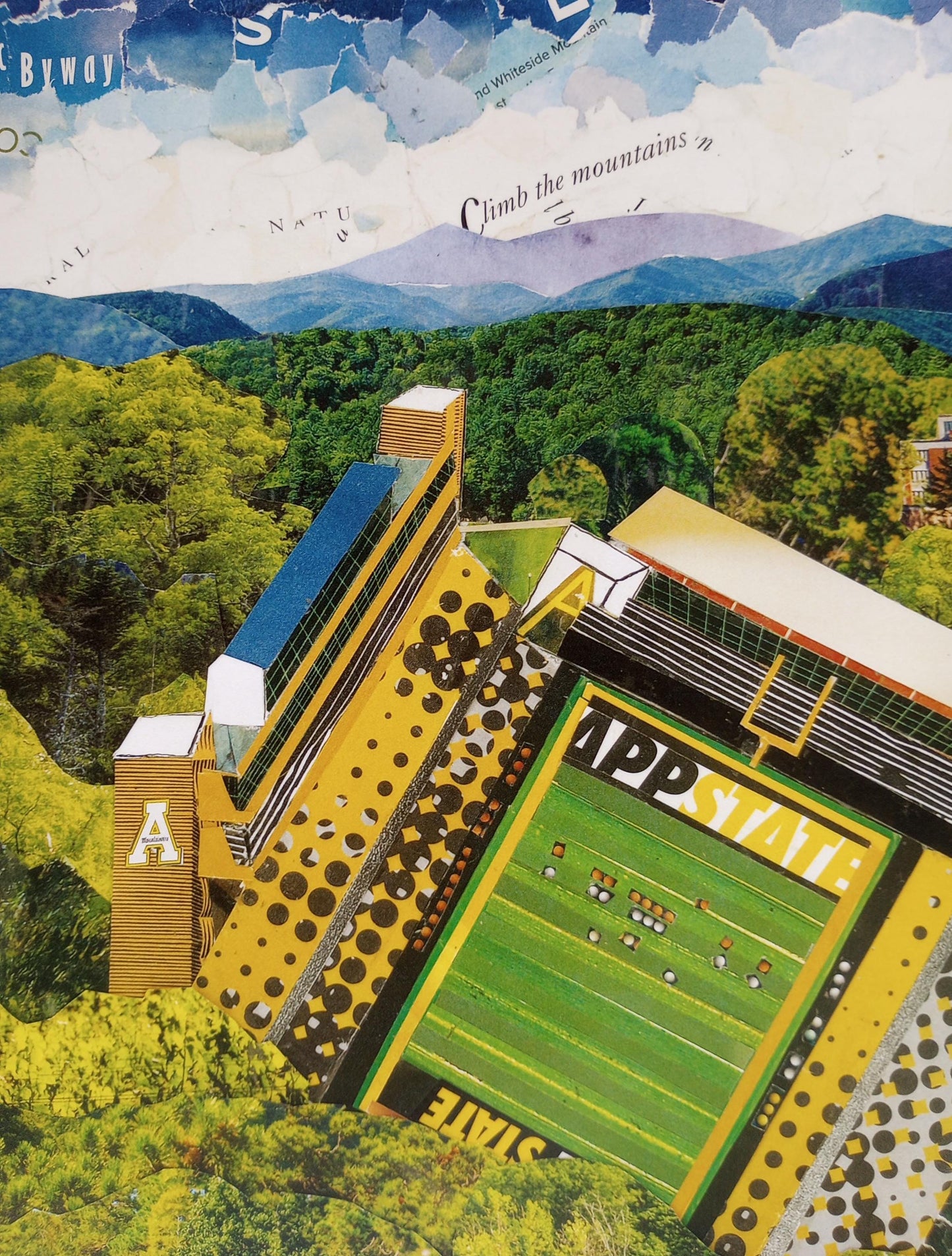 App State football field, Kidd Brewer Stadium, Boone NC, Appalachian State University, mountaineers, mountain life, collage art