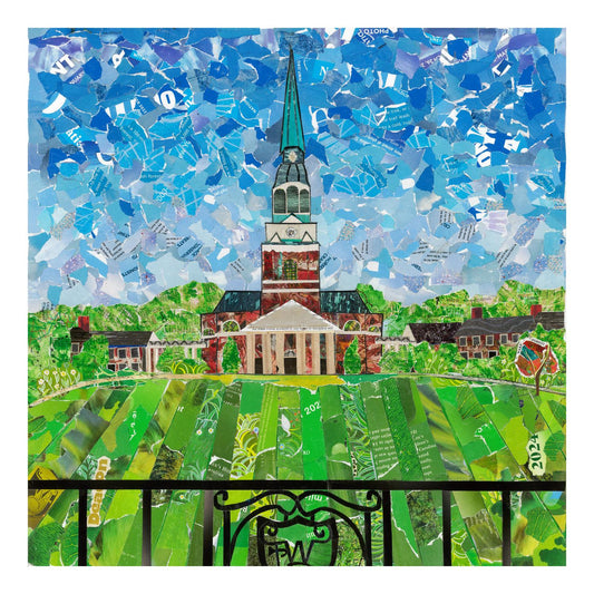 Colorful mosaic artwork of a church with a steeple and green fields.