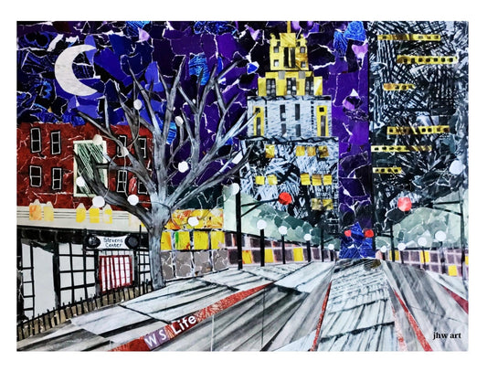 Downtown Winston Salem collage, prints  of original collage, repurposed magazines, Stevens Center, Reynolds Building, 4th street print