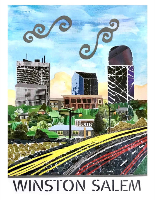 Winston Salem Art, Winston Salem print, Winston Salem skyline, WS local art, unique Winston Salem art, collage of Winston Salem downtown