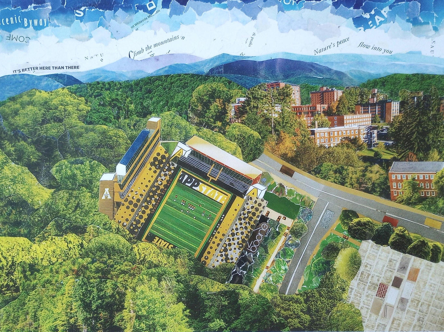 App State football field, Kidd Brewer Stadium, Boone NC, Appalachian State University, mountaineers, mountain life, collage art
